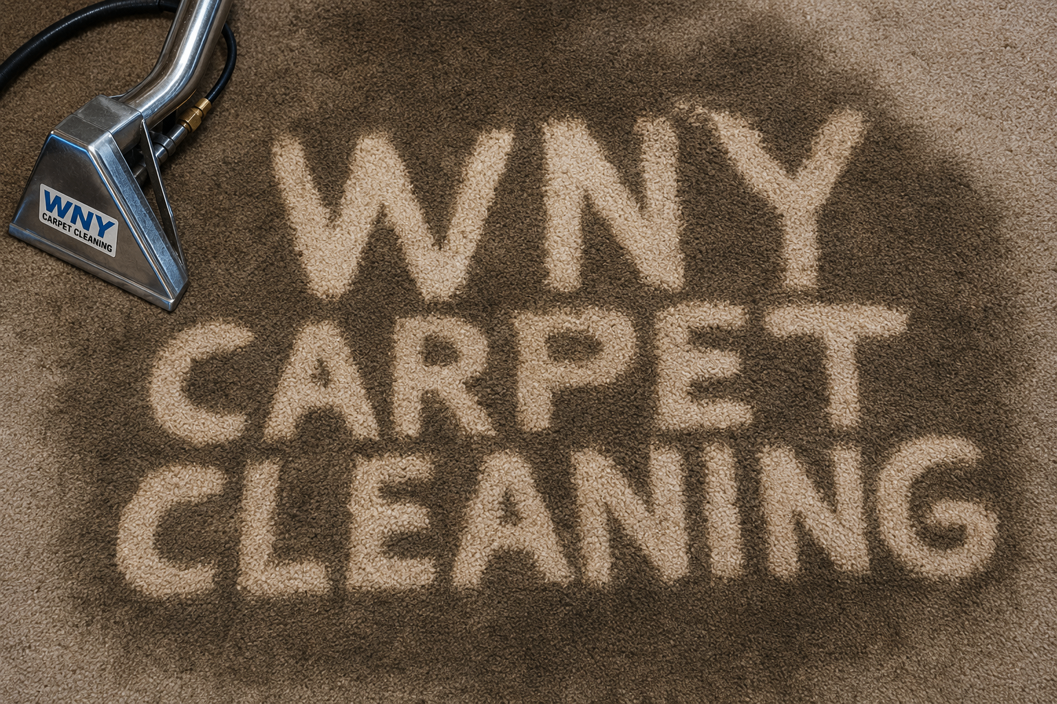 Close-up of the WNY Carpet Cleaning extraction wand pulling dirt from a beige carpet, revealing the clean fibers underneath in a Buffalo NY home