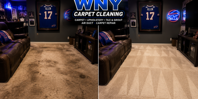 Before and after carpet cleaning in a Buffalo Bills fan cave — WNY Carpet Cleaning lifted heavy stains and traffic lanes from a basement carpet in Western New York