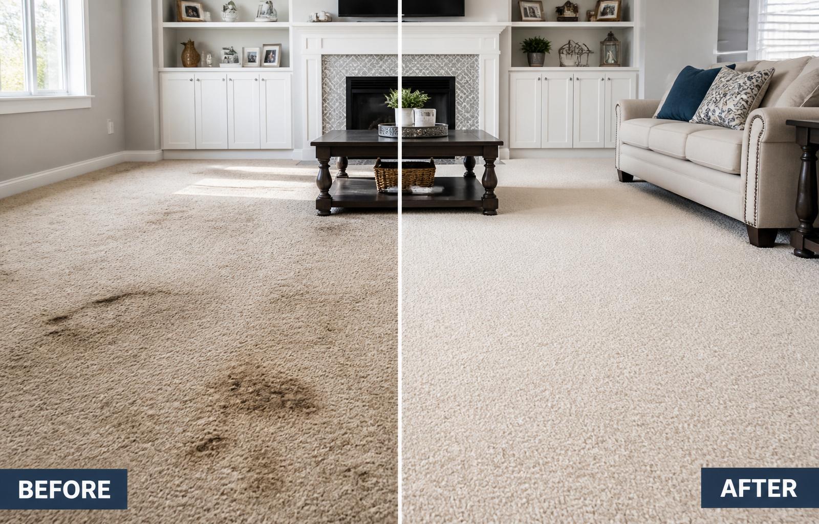 Before and after Living room carpet — Amherst — professional low-moisture cleaning by WNY Carpet Cleaning, Western New York