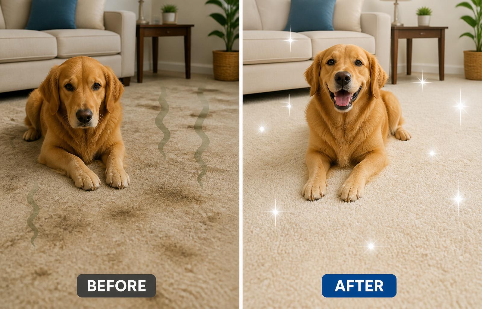 Before and after Odor removed — professional low-moisture cleaning by WNY Carpet Cleaning, Western New York