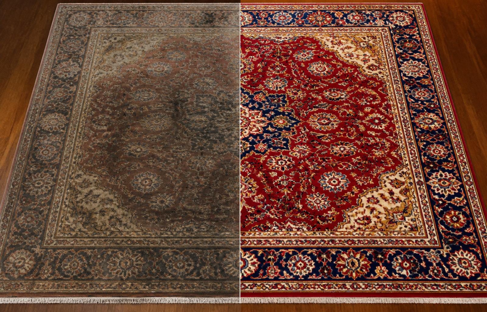 Before and after oriental area rug cleaning — colors restored in Buffalo NY
