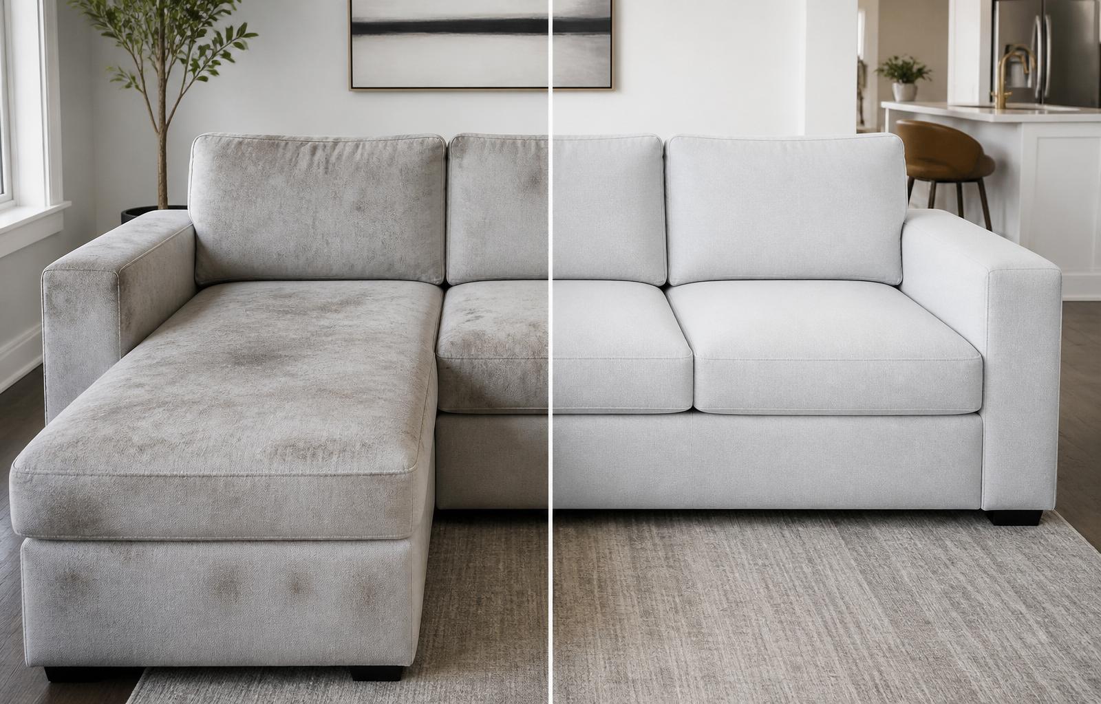 Before and after upholstery cleaning on a fabric sectional sofa in Hamburg NY by WNY Carpet Cleaning