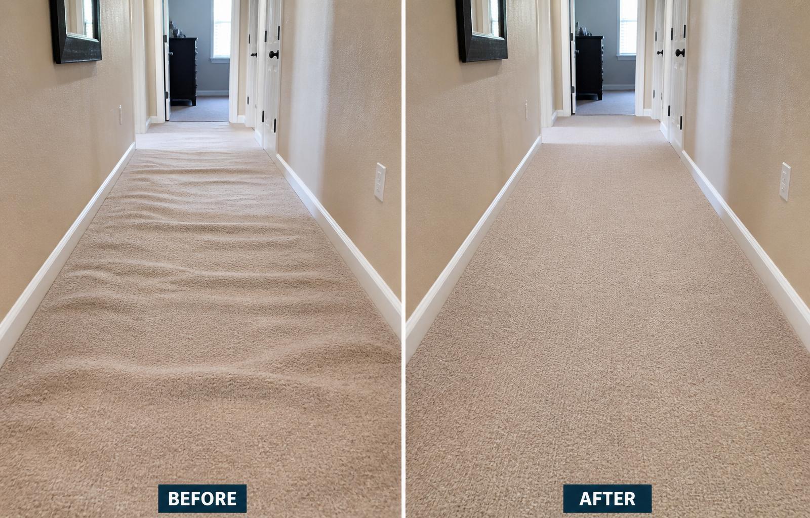Before and after Carpet stretched — Rochester — professional low-moisture cleaning by WNY Carpet Cleaning, Western New York