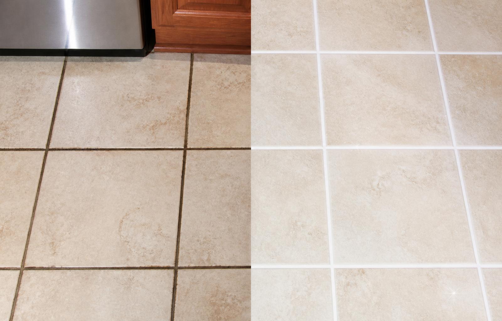 Before and after tile and grout cleaning on a kitchen floor in Williamsville NY by WNY Carpet Cleaning