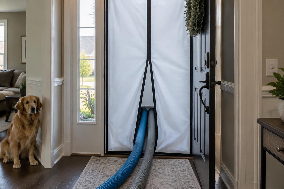 Sealed door drape with carpet cleaning hoses keeping the family dog safely inside during cleaning
