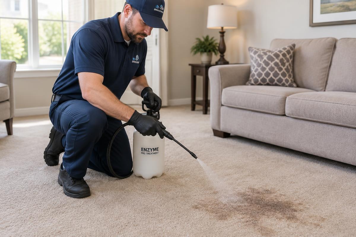 Technician spraying enzyme pre-treatment on a dog urine stain on beige carpet