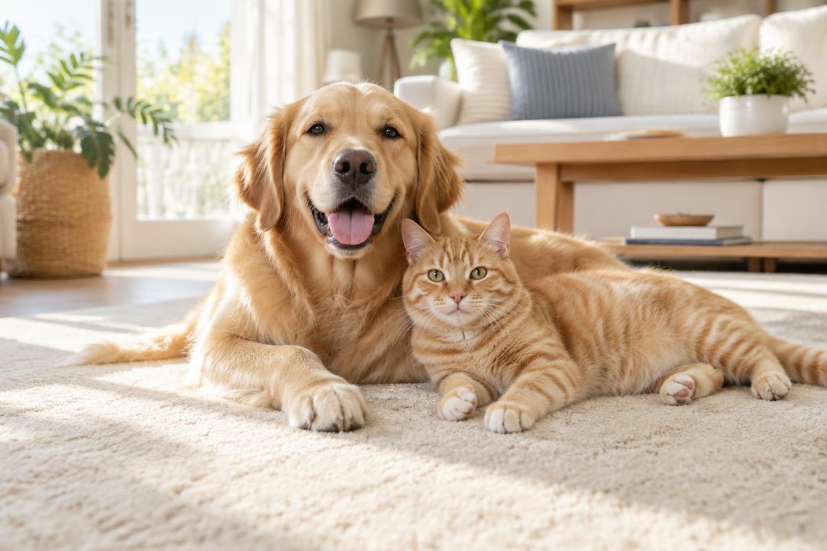 Happy dog and cat on freshly cleaned carpet after pet-safe carpet cleaning