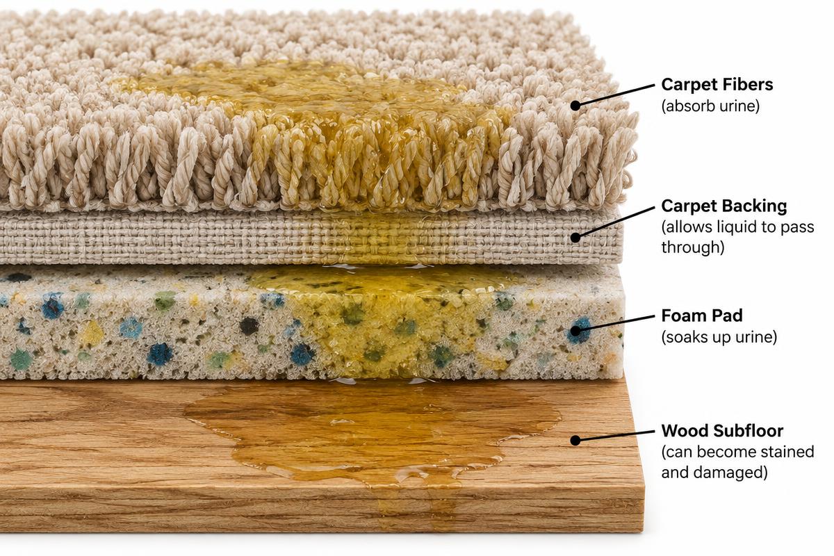 Diagram showing pet urine soaking through carpet fibers, backing, pad, and subfloor