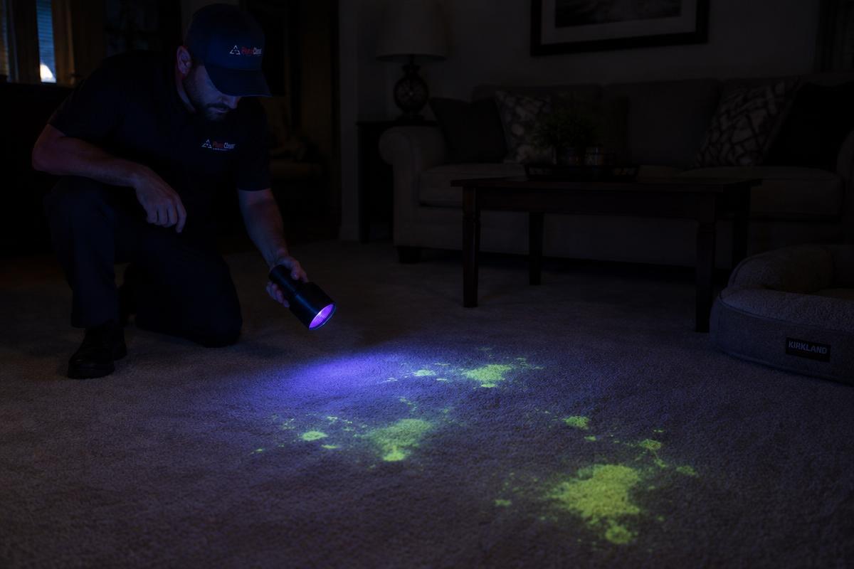 UV blacklight revealing hidden pet urine glowing on carpet during a pet odor inspection