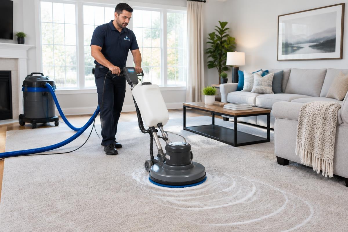 Technician using a low-moisture carpet cleaning machine in a bright living room — carpet dry in 1-2 hours