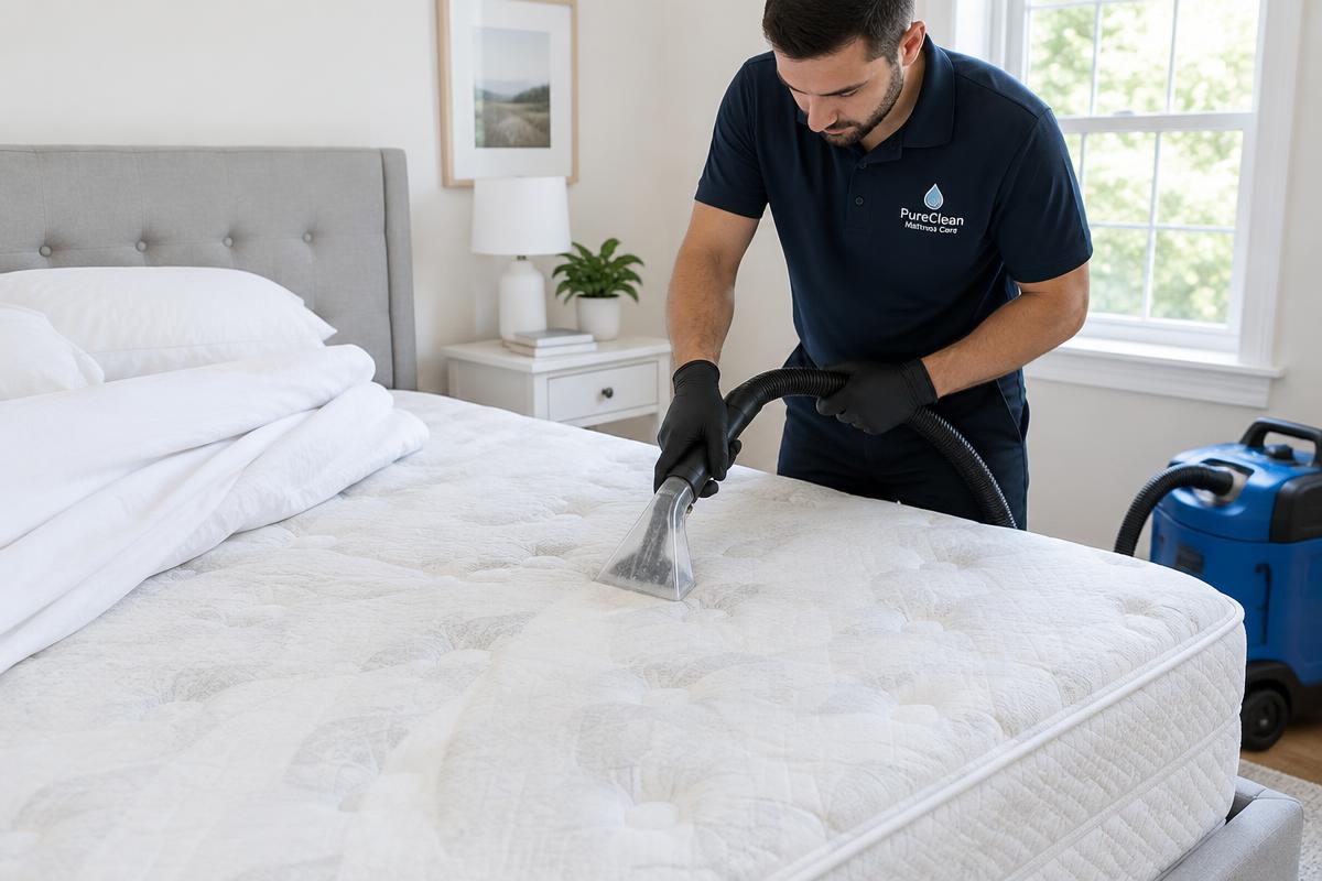 Technician deep cleaning and sanitizing a queen mattress to remove dust mites and allergens