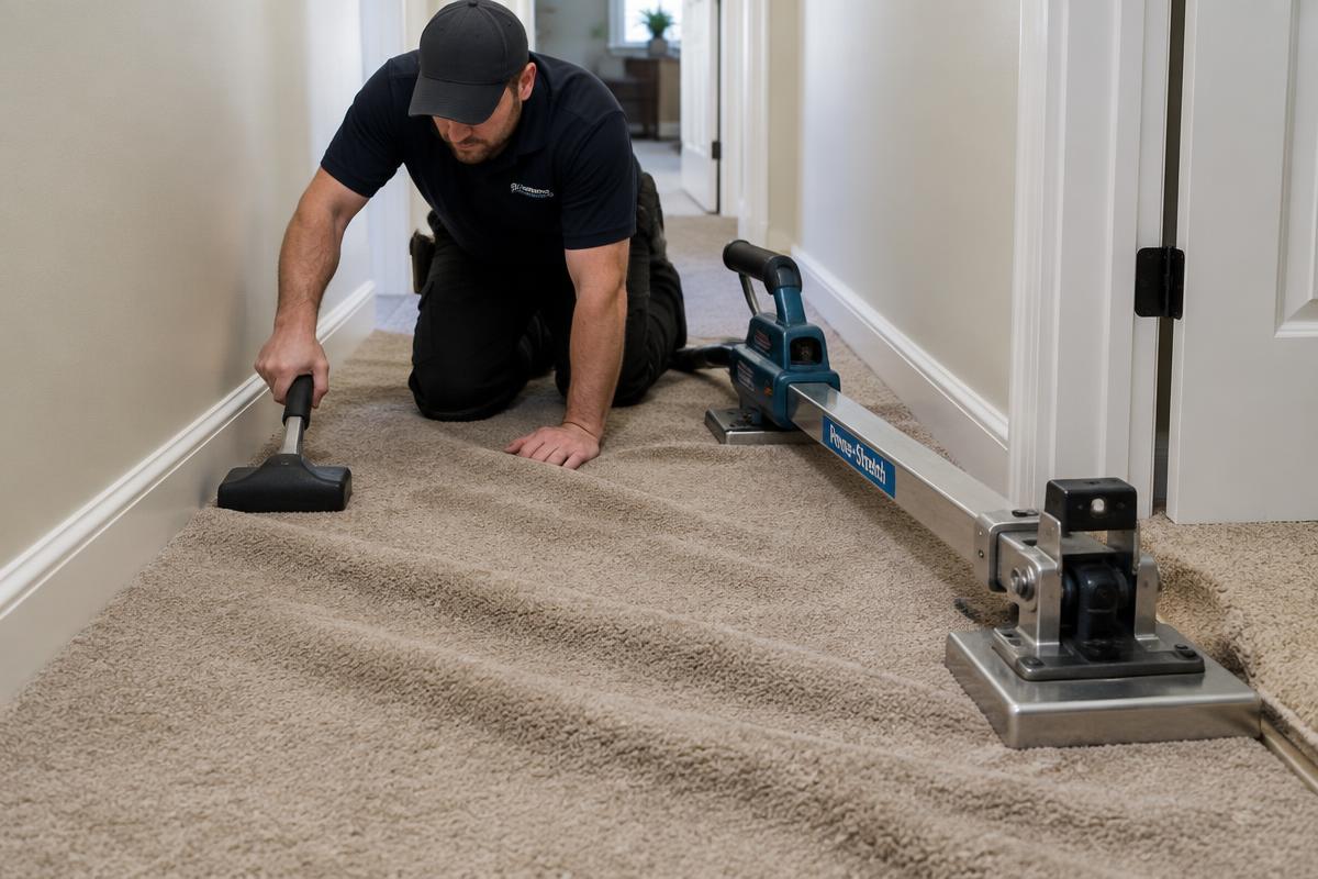 Technician using a power stretcher to remove ripples from hallway carpet