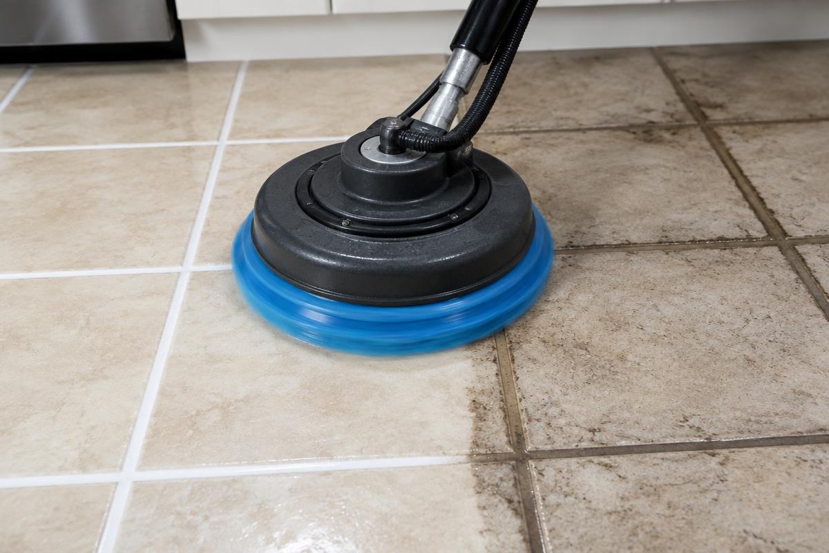 Spinner tool restoring dirty kitchen grout lines to clean bright white