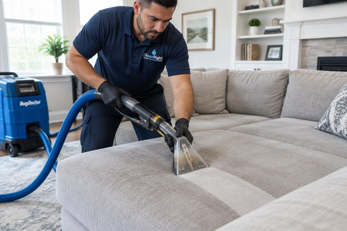 Technician deep cleaning a grey fabric sectional sofa with an upholstery extraction tool