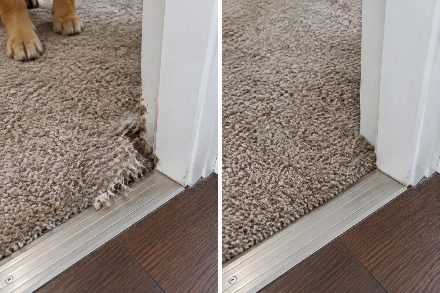 Before and after pet damaged carpet repair in West Seneca NY — dog chewed carpet edge at a doorway patched seamlessly