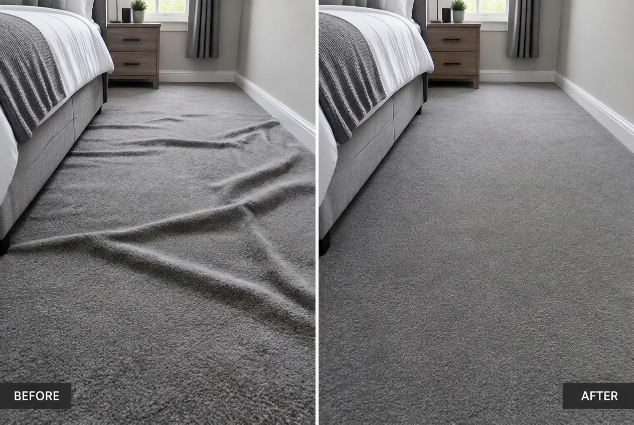 Before and after carpet bubble repair in an Amherst NY bedroom — buckled grey carpet re-stretched smooth next to the bed