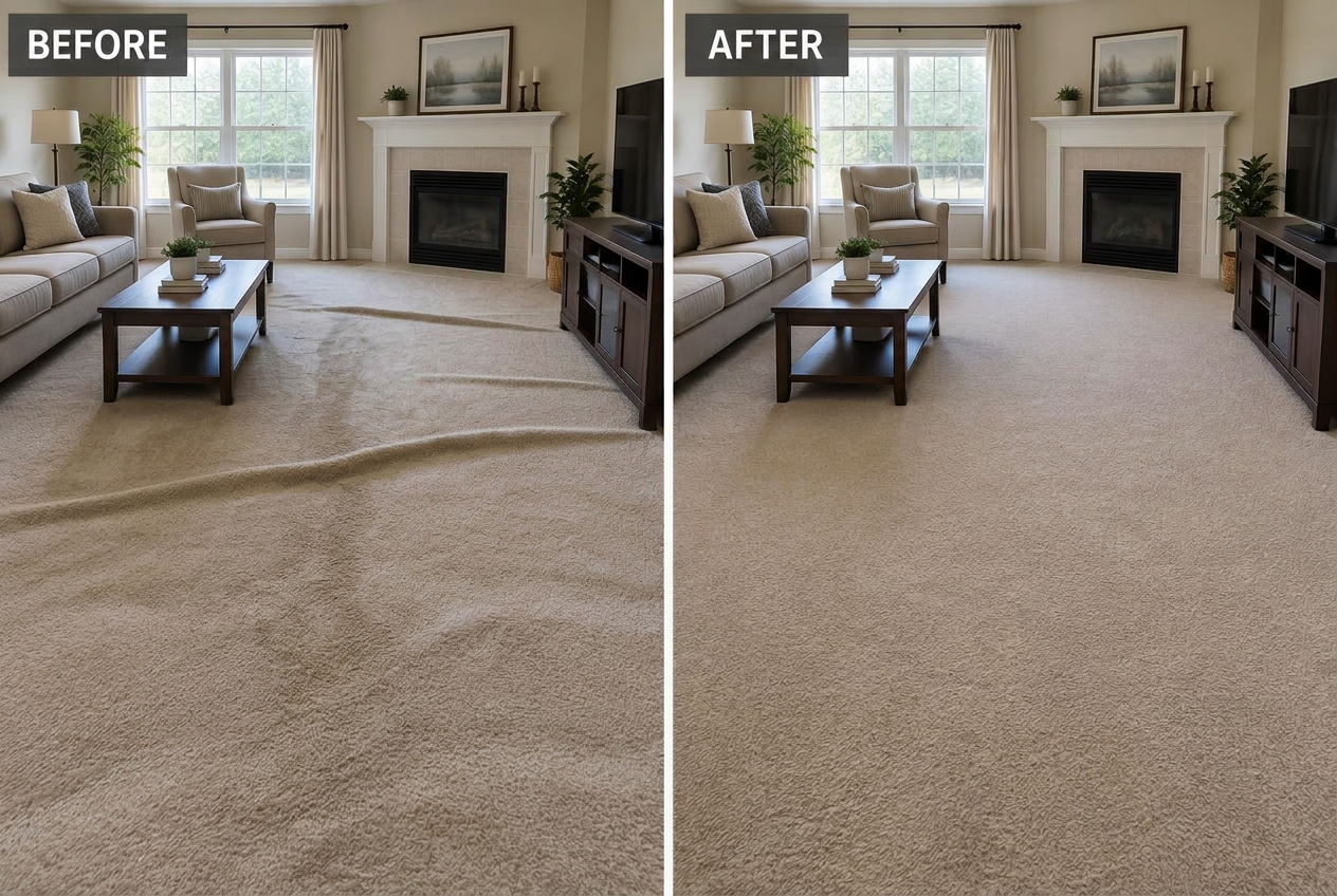Before and after carpet stretching in a Buffalo NY living room — large wrinkles and ripples power-stretched completely flat by WNY Carpet Cleaning