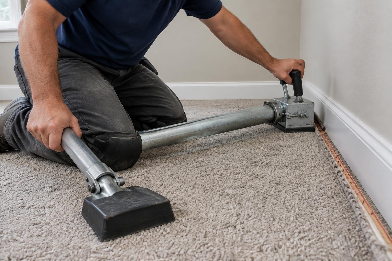 Carpet technician using a power stretcher to re-stretch carpet onto the tack strip in a Western New York home